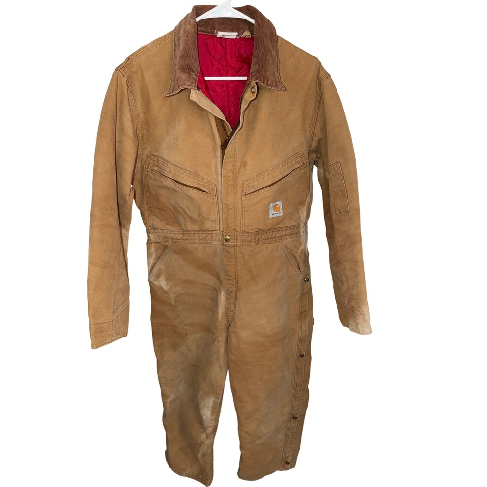 Vintage Carhartt Quilt Lined Duck Canvas Coveralls Corduroy Collar Mens 90s